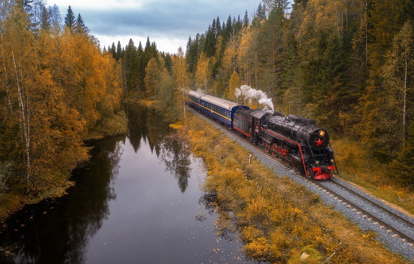 Wallpaper autumn, forest, landscape, nature, Park, rails, train, railroad, Karelia, Ruskeala, Andrey Bazanov image for desktop, section пейзажи