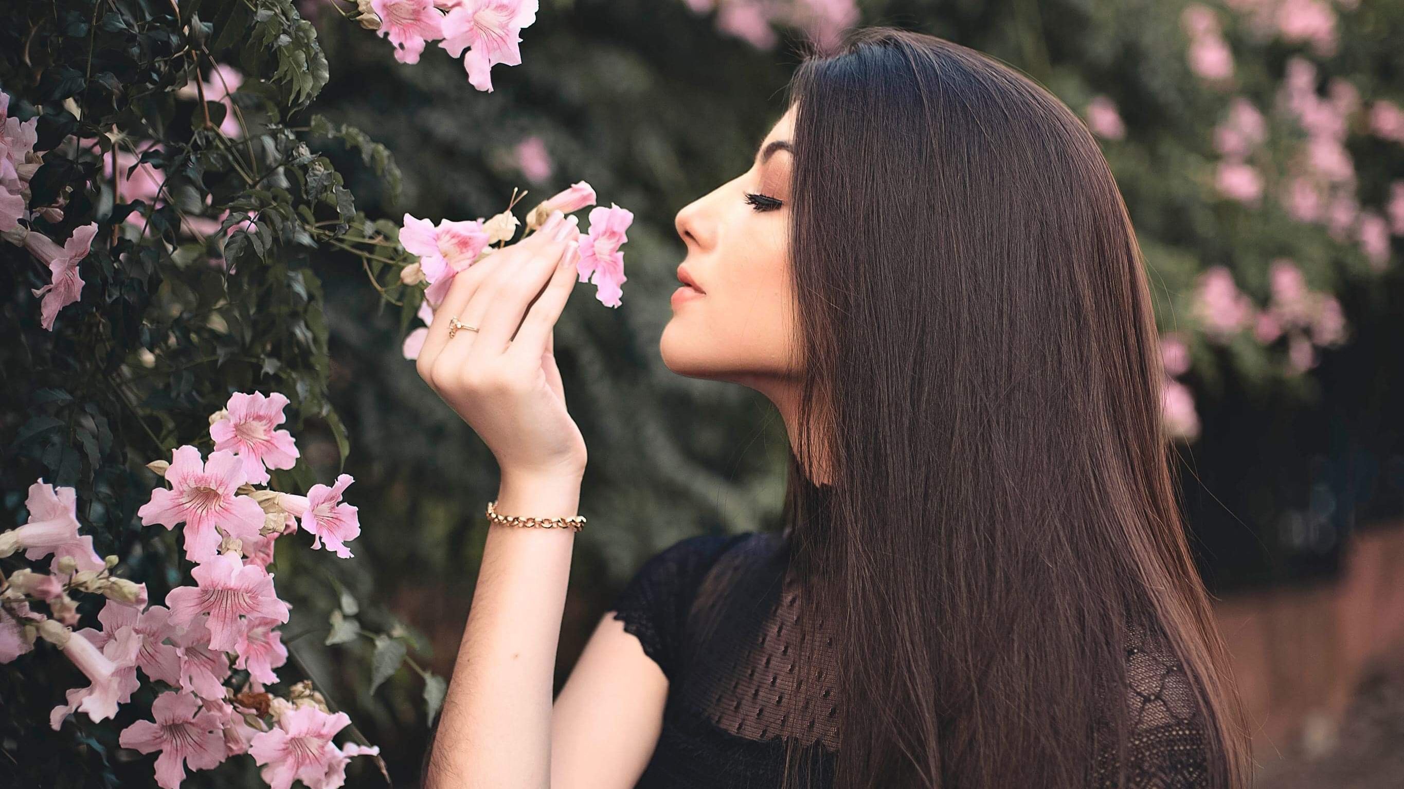 Attractive Beautiful Girl Smelling Flowers, HD Girls, 4k Wallpaper, Image, Background, Photo and Picture