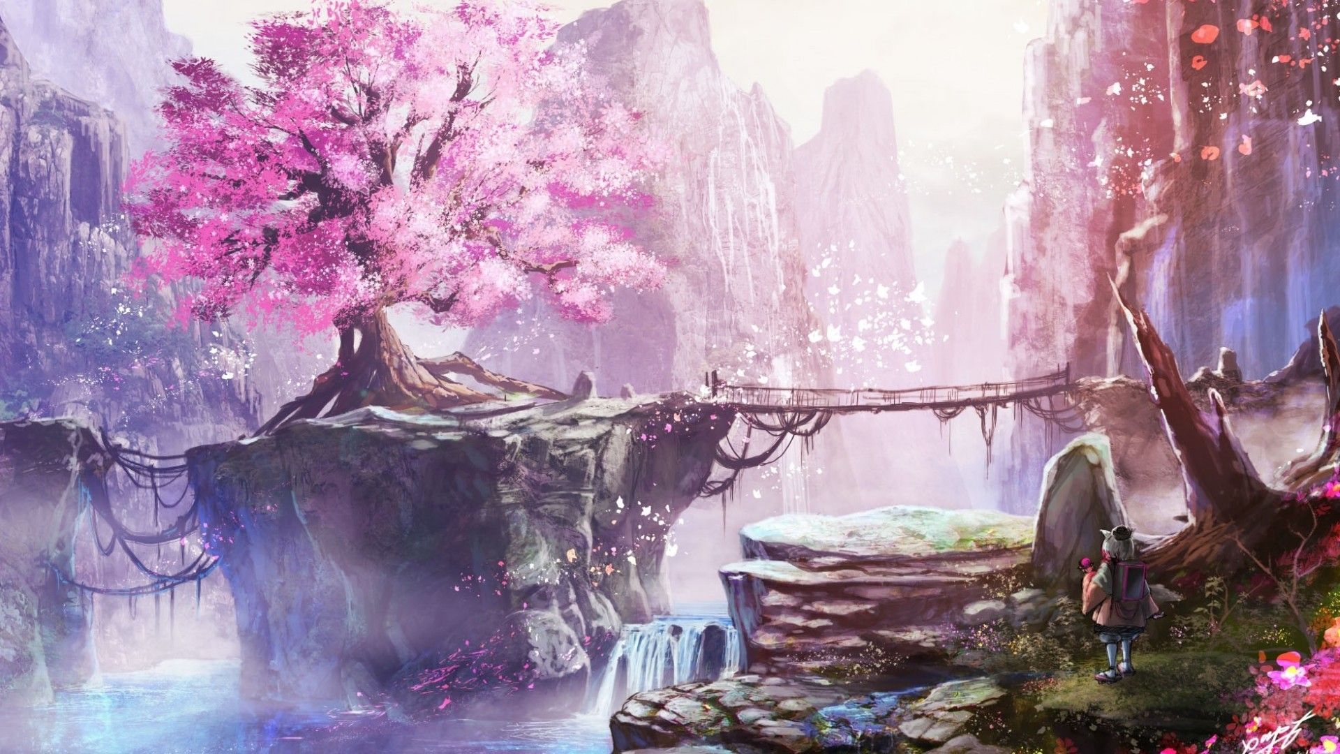 Download 1920x1080 Anime Landscape, Cherry Blossom, Bridge, Waterfall, Anime Girl, Nature Wallpaper for Widescreen