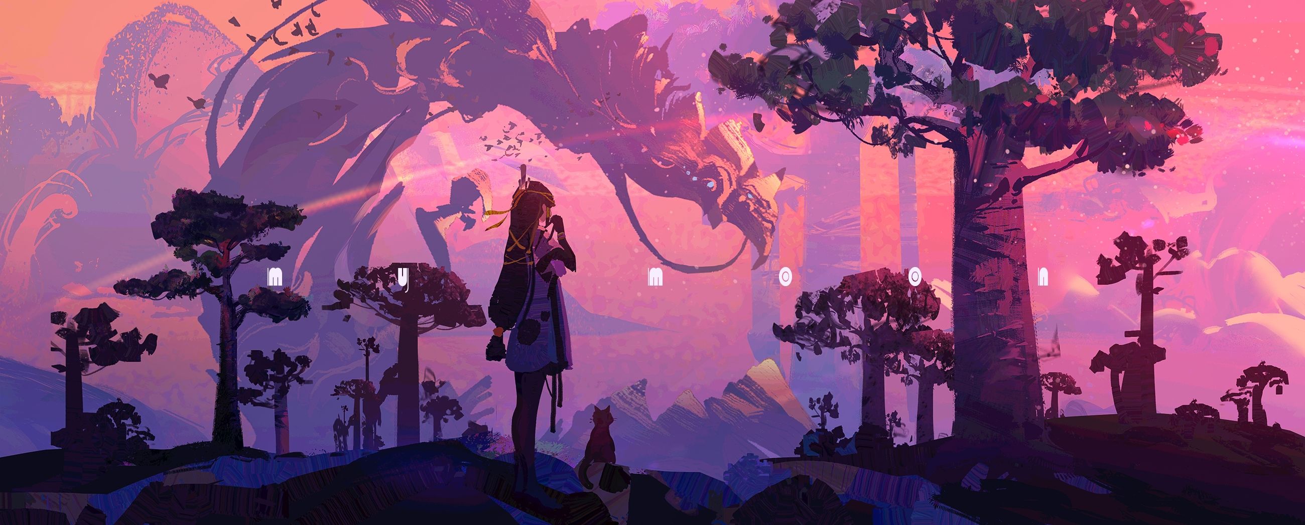 Download 2600x1046 Anime Landscape, Dragon, Girl, Trees, Scenic Wallpaper