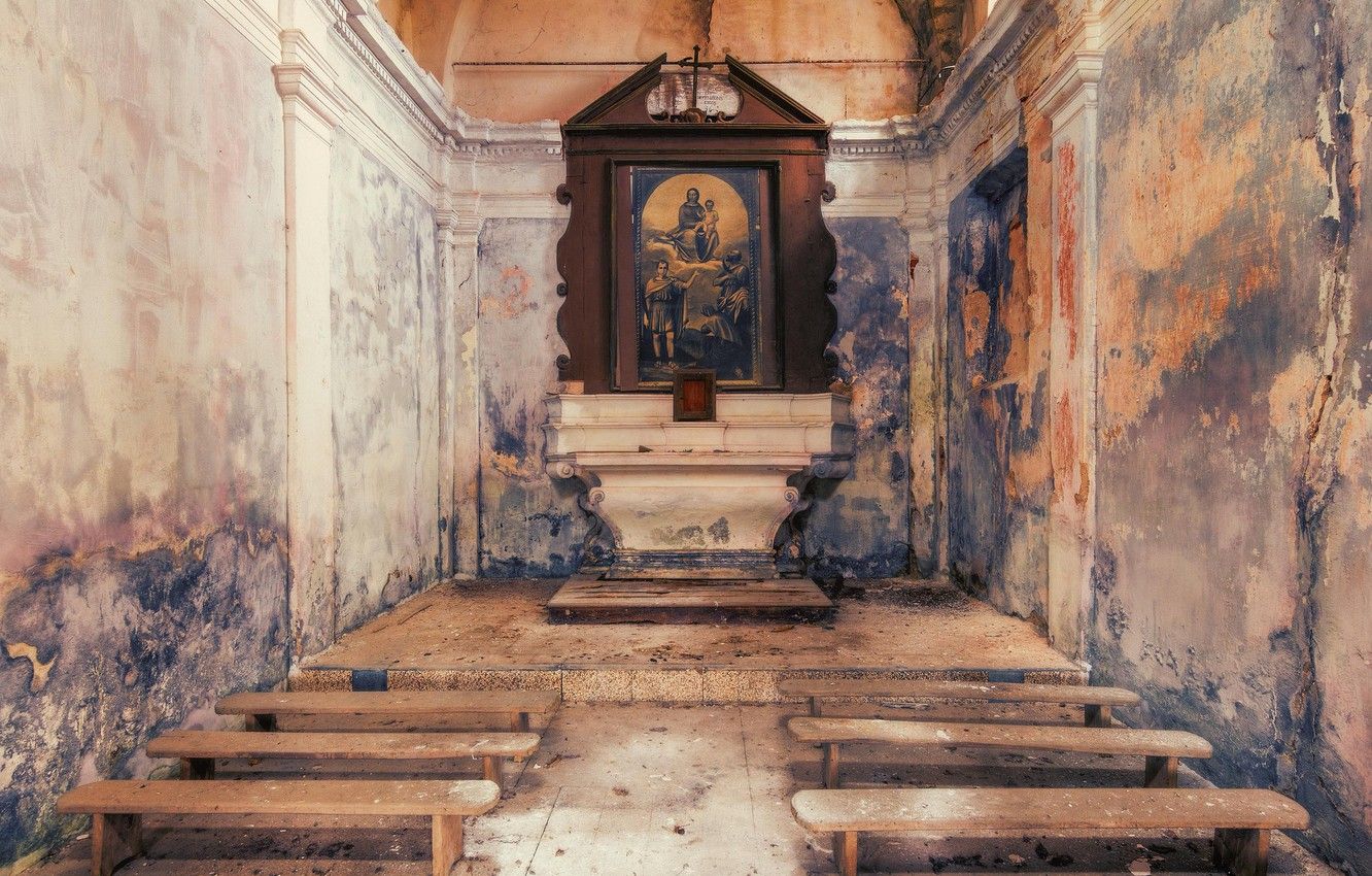 Wallpaper interior, the altar, abandoned church image for desktop, section интерьер