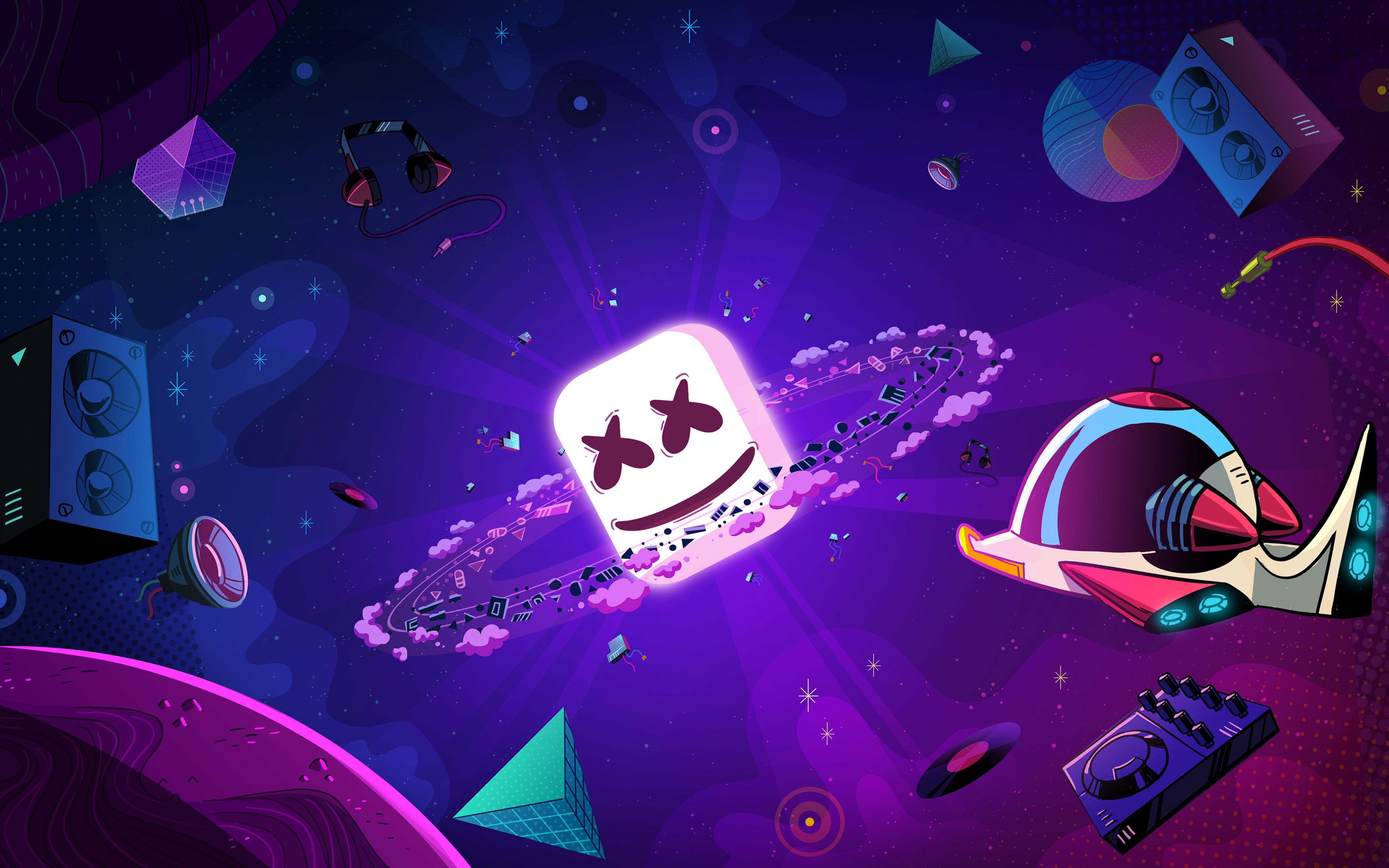 Download wallpaper Flying Marshmello, 4k, abstract art, american DJ, Christopher Comstock, Marshmello, galaxy, DJ Marshmello, DJs, Marshmello in space for desktop with resolution 3840x2400. High Quality HD picture wallpaper