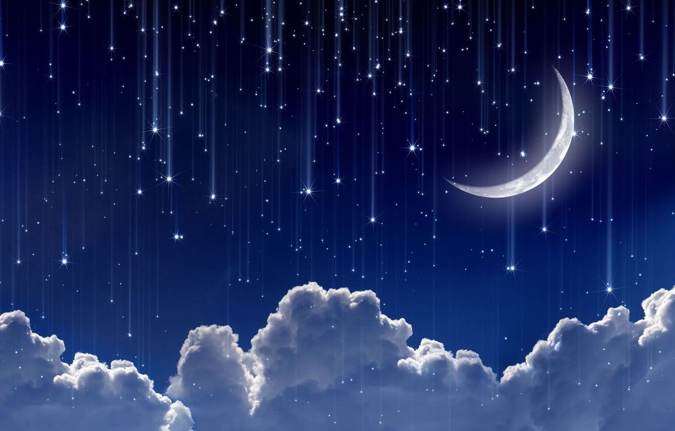 Wallpaper the sky, space, stars, clouds, night, lights, background, widescreen, Wallpaper, the moon, a month, wallpaper, moon, stars, sky, widescreen image for desktop, section космос