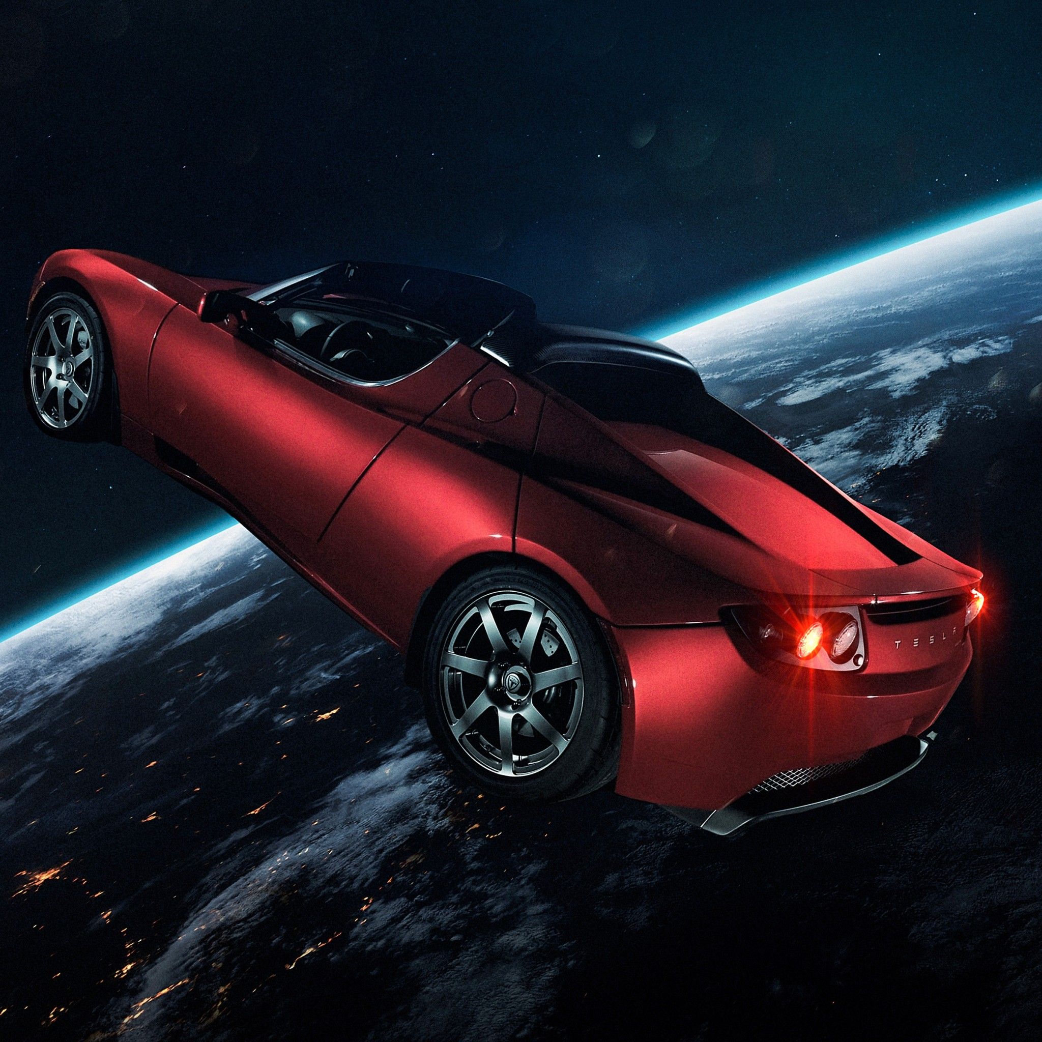 Elon Musk's Tesla Roadster 4K Wallpaper, Tesla in Space, Red Car, Earth, Horizon, Electric Sports cars, Space