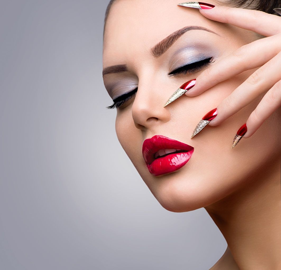 Desktop Wallpaper Manicure Makeup Face young woman Fingers Red lips