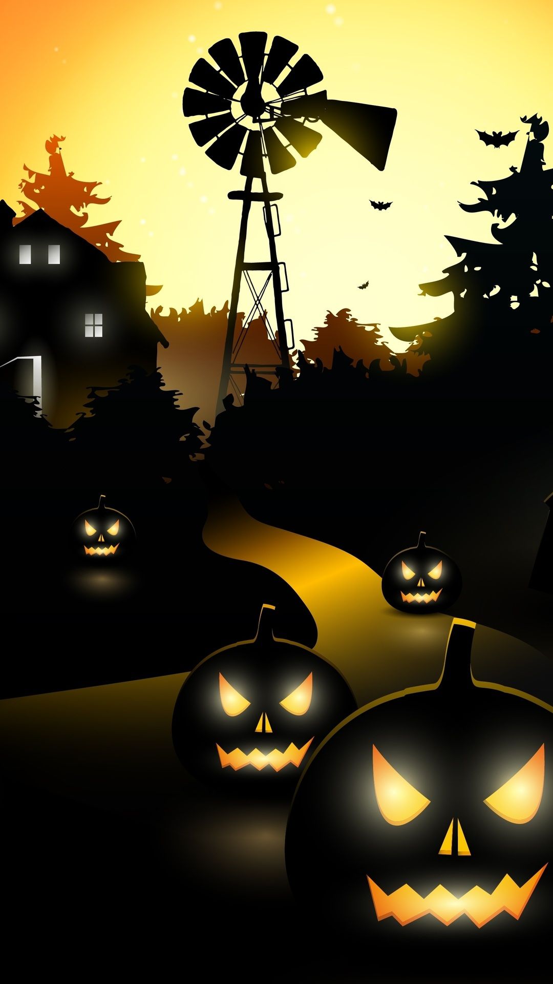 creepy, trees, bat, vector, scary town, holiday halloween, pumpkin, midnight, horror desktop wallpaper 4317