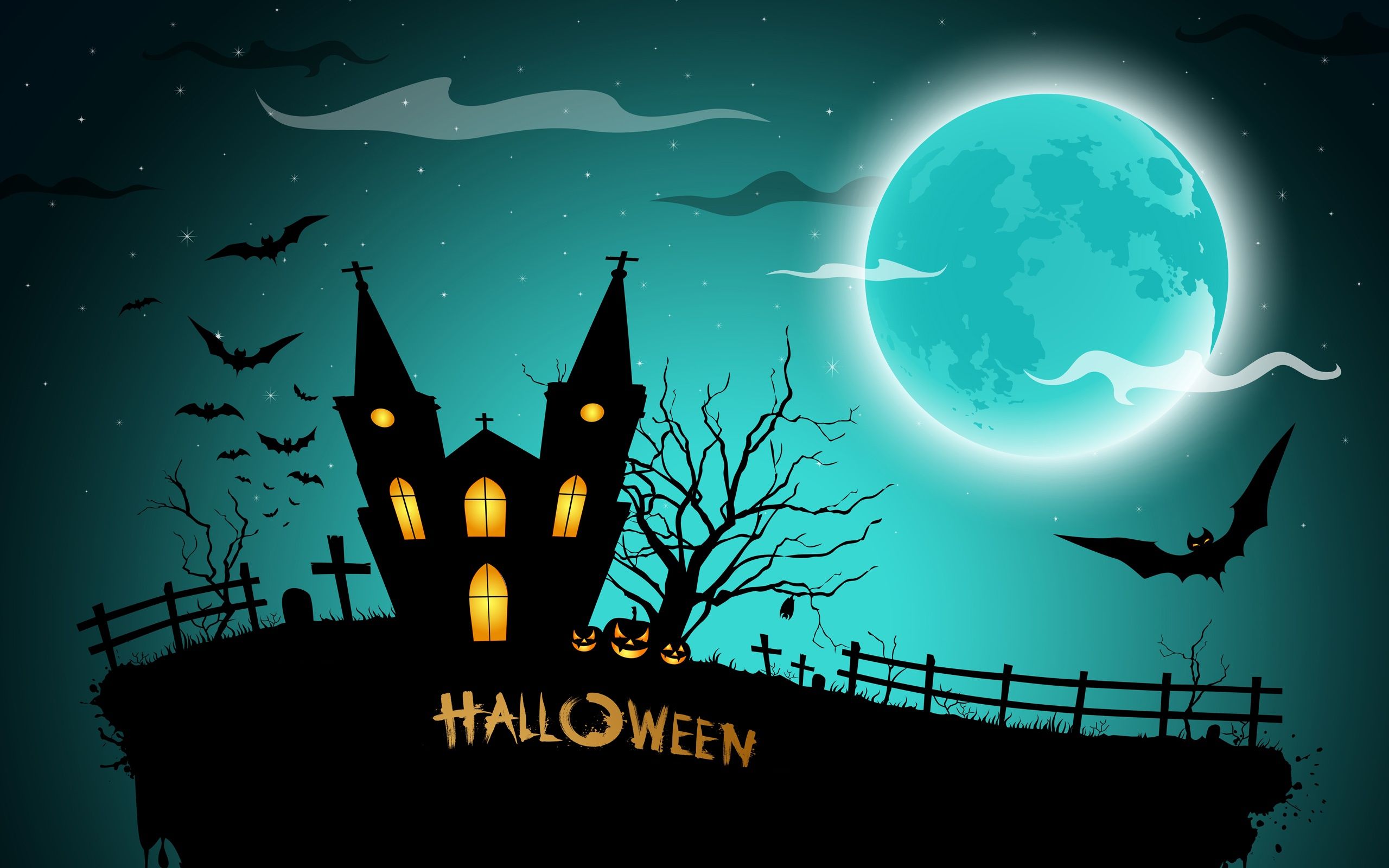 Wallpaper Halloween, creepy midnight, pumpkins, bats, house, full moon 2560x1600 HD Picture, Image