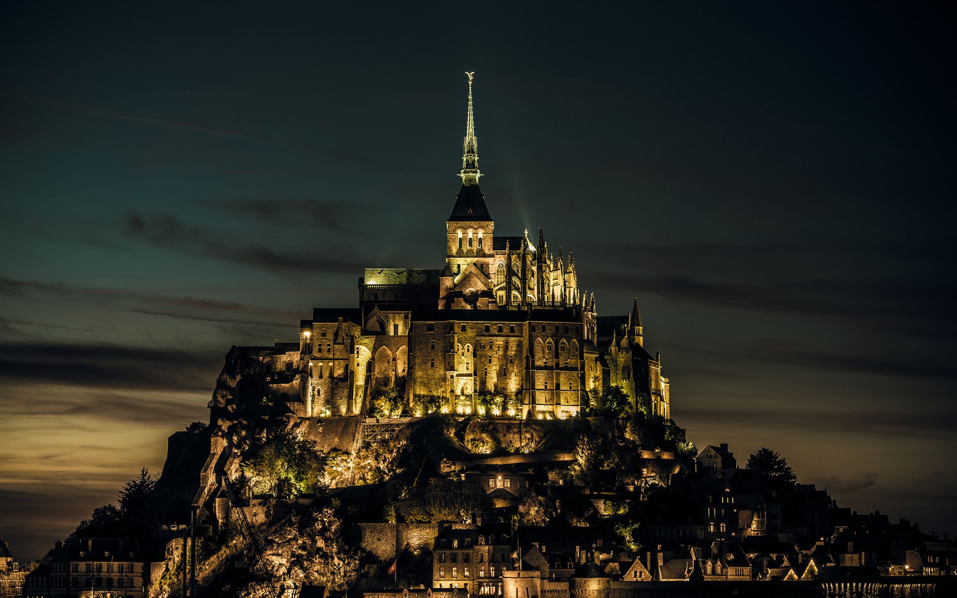 Mont Saint Michel Castle Buildings Night Lights Sky Wallpaperx1200