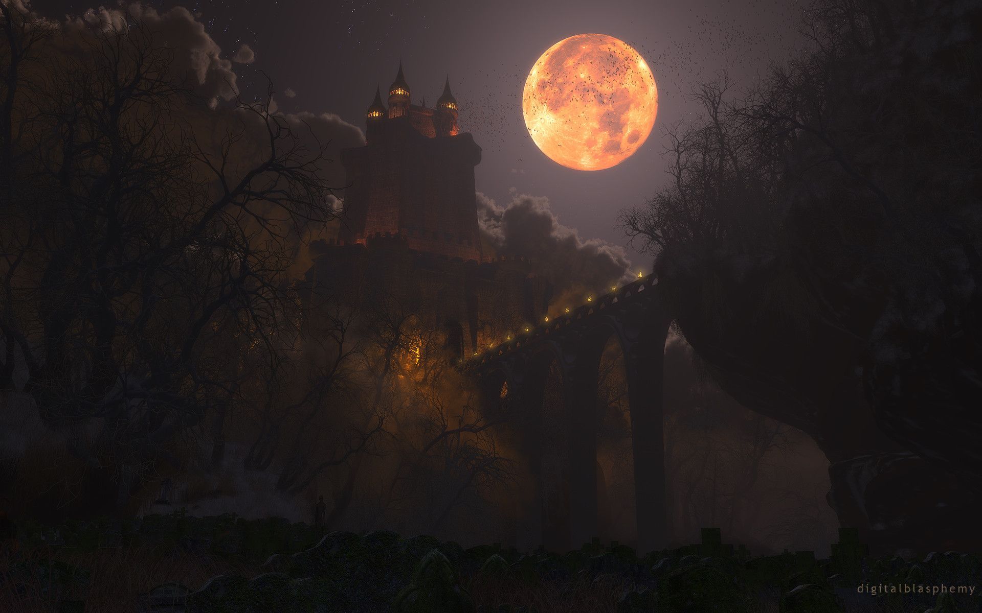 Haunted castle in the moonlight wallpaper. Halloween art, Haunted castle, Wallpaper background