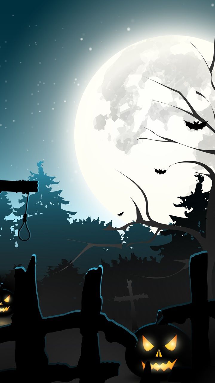 full moon, halloween, graveyard, scary, creepy, pumpkins, gallows, midnight, forest, horror, bats desktop wallpaper 4289