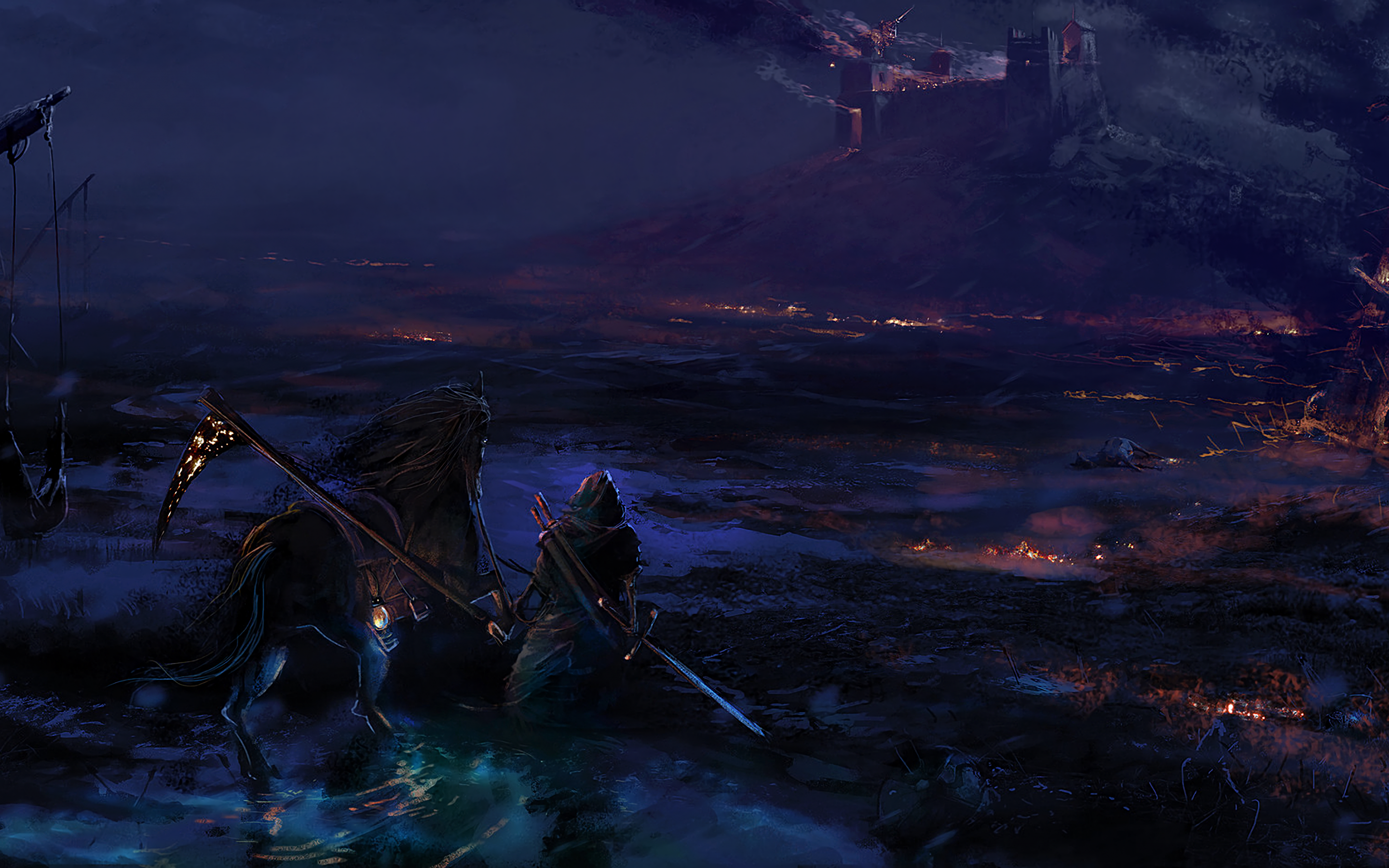 Download 2880x1800 Fantasy Warrior, Horse, Night, Castle, Fire, War Wallpaper for MacBook Pro 15 inch