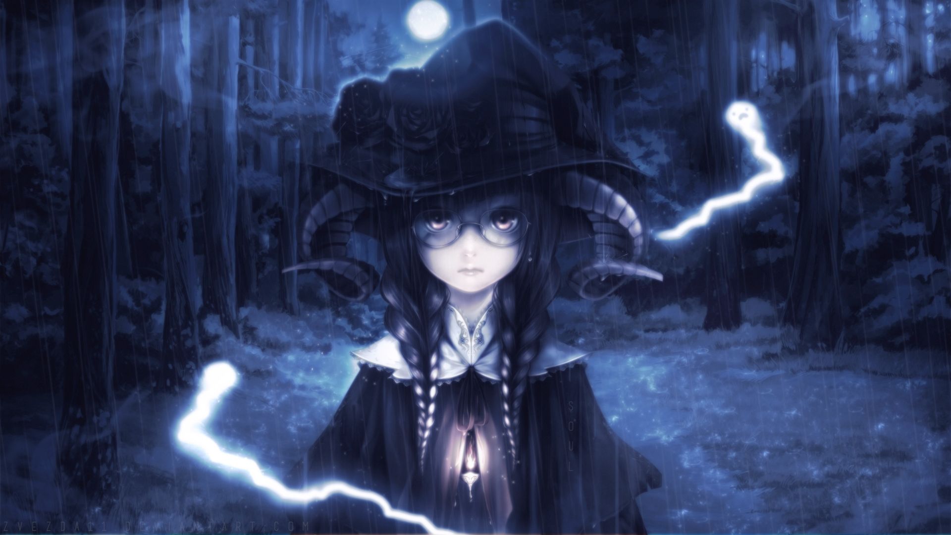 Download 1920x1080 Anime Girl, Horns, Forest, Ghostd, Witch, Glasses, Moon Wallpaper for Widescreen