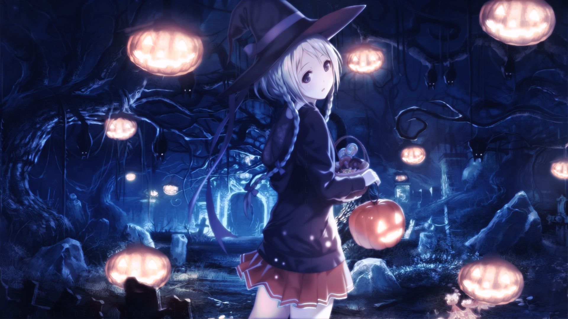 Download 1920x1080 Anime Girl, Witch Hat, White Hair, Dark Forest, Pumpkins, Braids Wallpaper for Widescreen