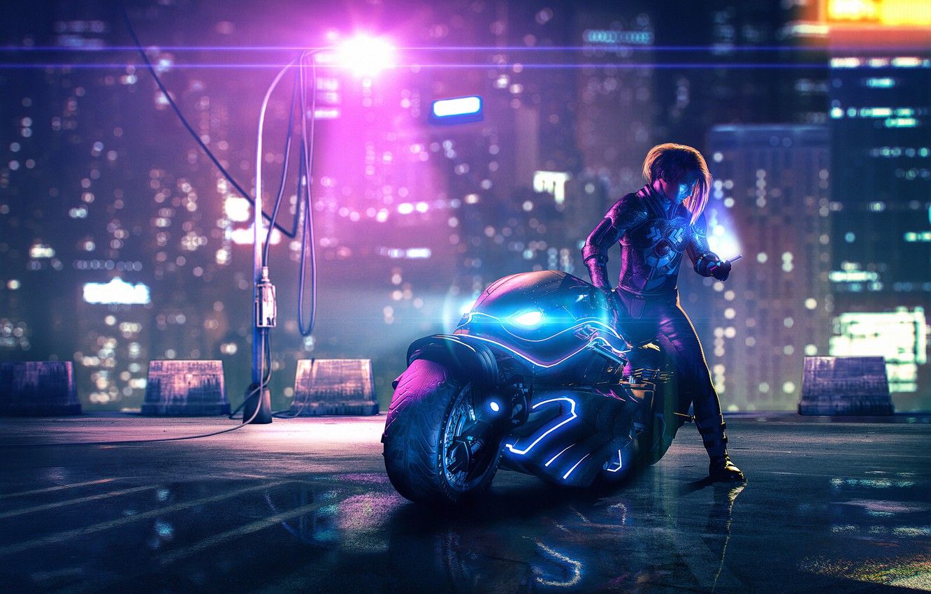 Wallpaper Night, Neon, Style, Motorcycle, Fantasy, Art, Art, Style, Fiction, Neon, Illustration, Sci Fi, Biker, Motorcycle, Science Fiction, Biker Image For Desktop, Section фантастика