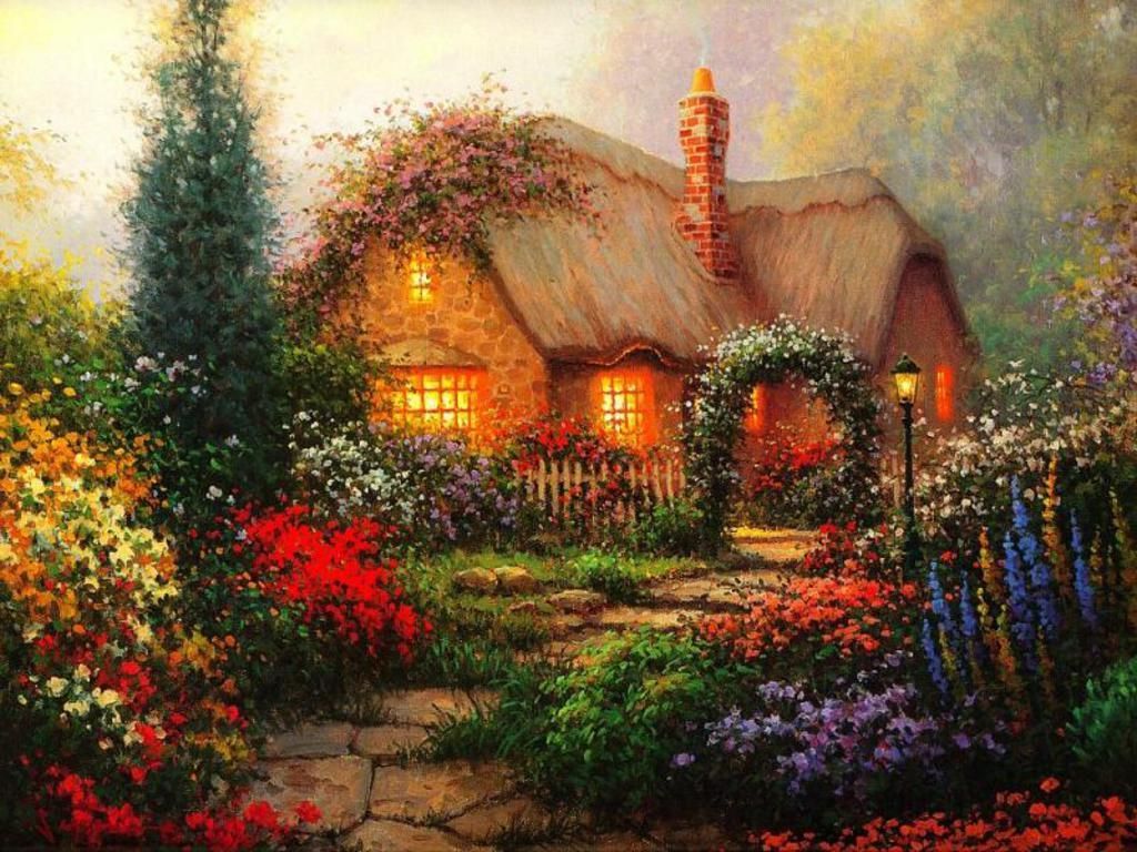 Enchanting Cottages. Free Enchanted Cottage Wallpaper The Free Enchanted Cottage. Beautiful Paintings, Thomas Kinkade Paintings, Cottage Art