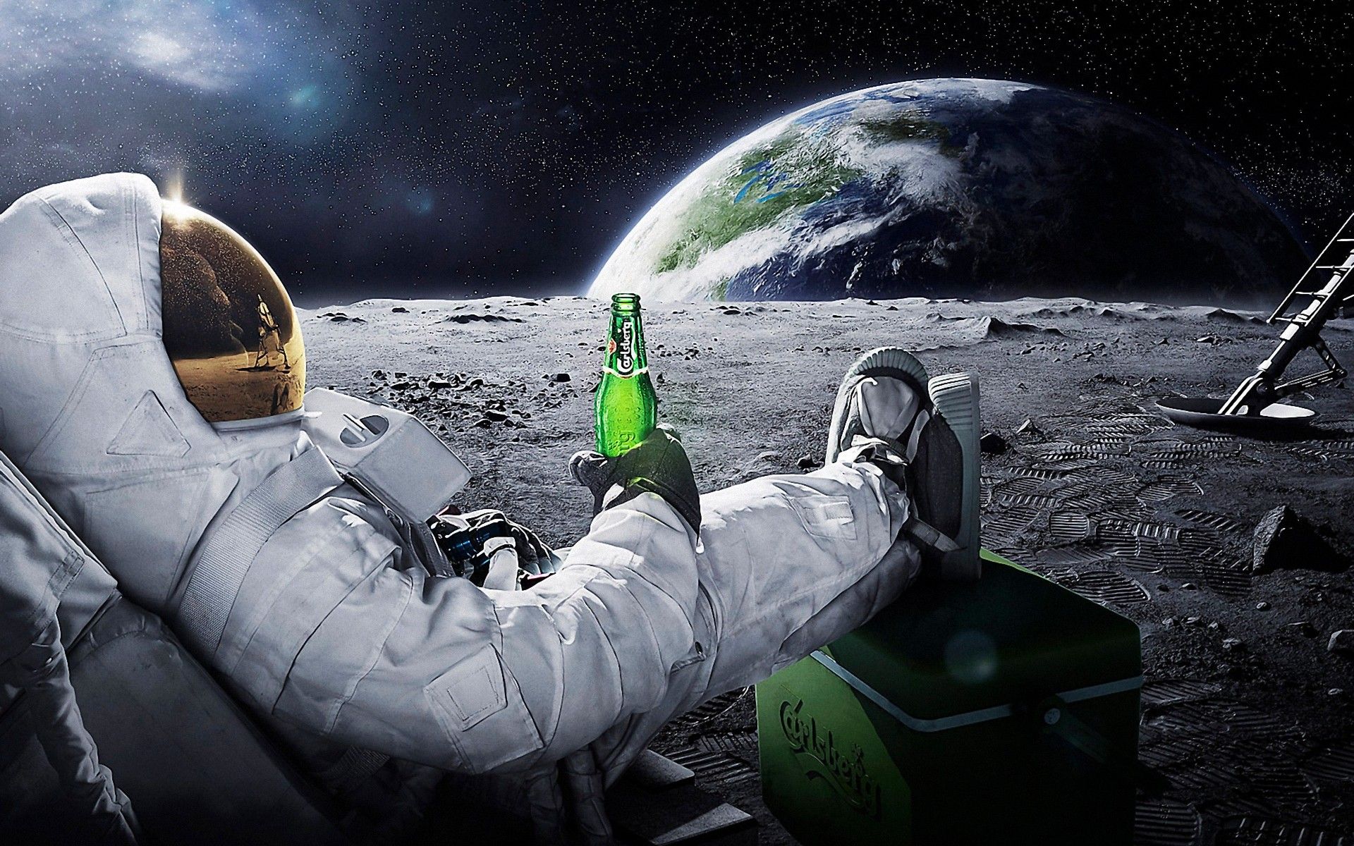 Astronaut Chilling On The Moon With Beer Wallpaperx1200