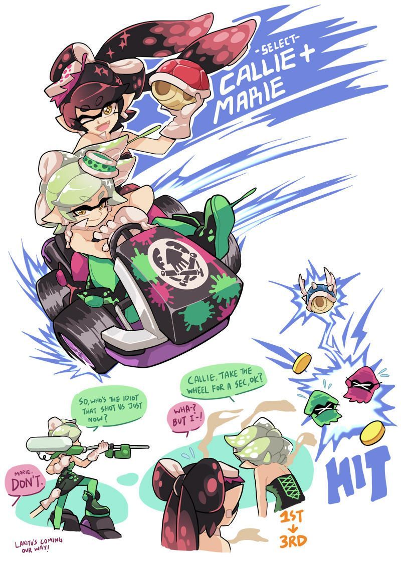 Squid Sisters should have been in Mario Kart too. Squid Sisters. Splatoon, Splatoon comics, Splatoon tumblr