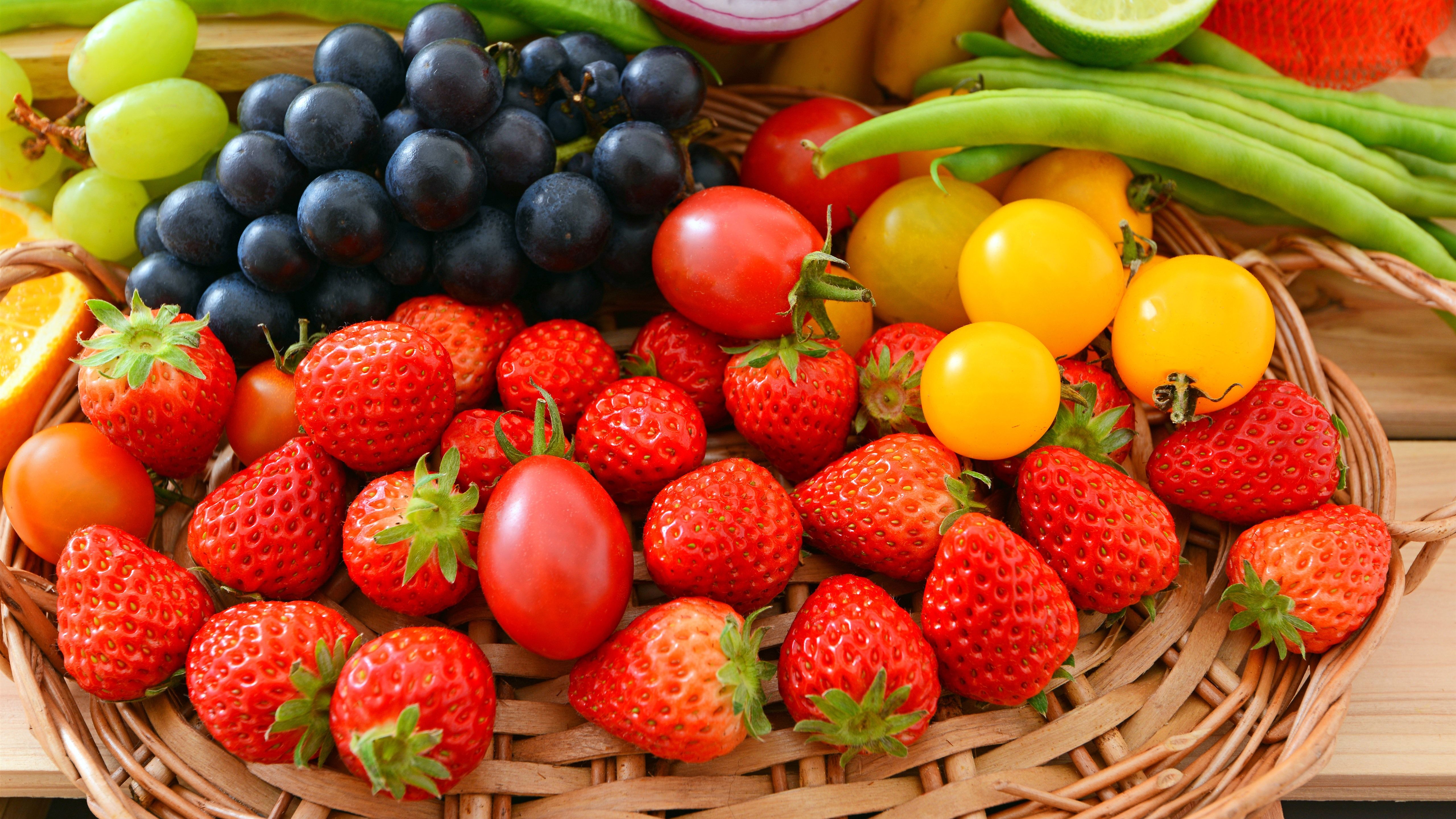 Wallpaper Delicious fruit, strawberry, grapes, tomatoes, vegetables 5120x2880 UHD 5K Picture, Image