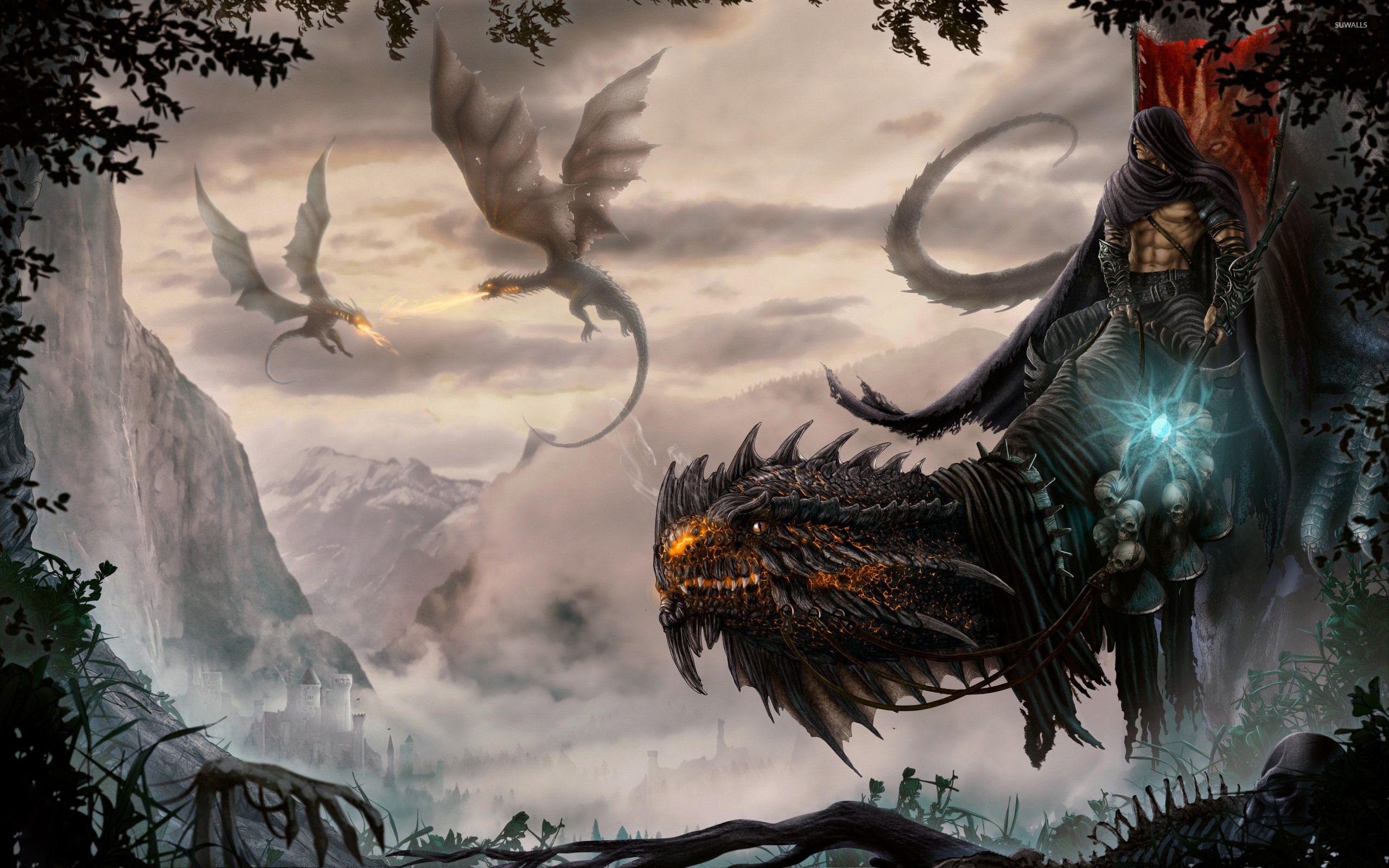 Dragons fight above the castle wallpaper wallpaper