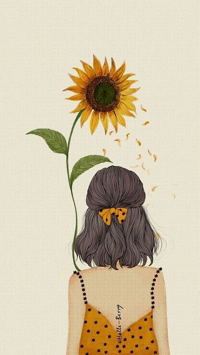 Girl With Black Hair Yellowe Dress Holding A Sunflower Flower Doodles White Background. Drawing Wallpaper, Flower Drawing, Sunflower Drawing