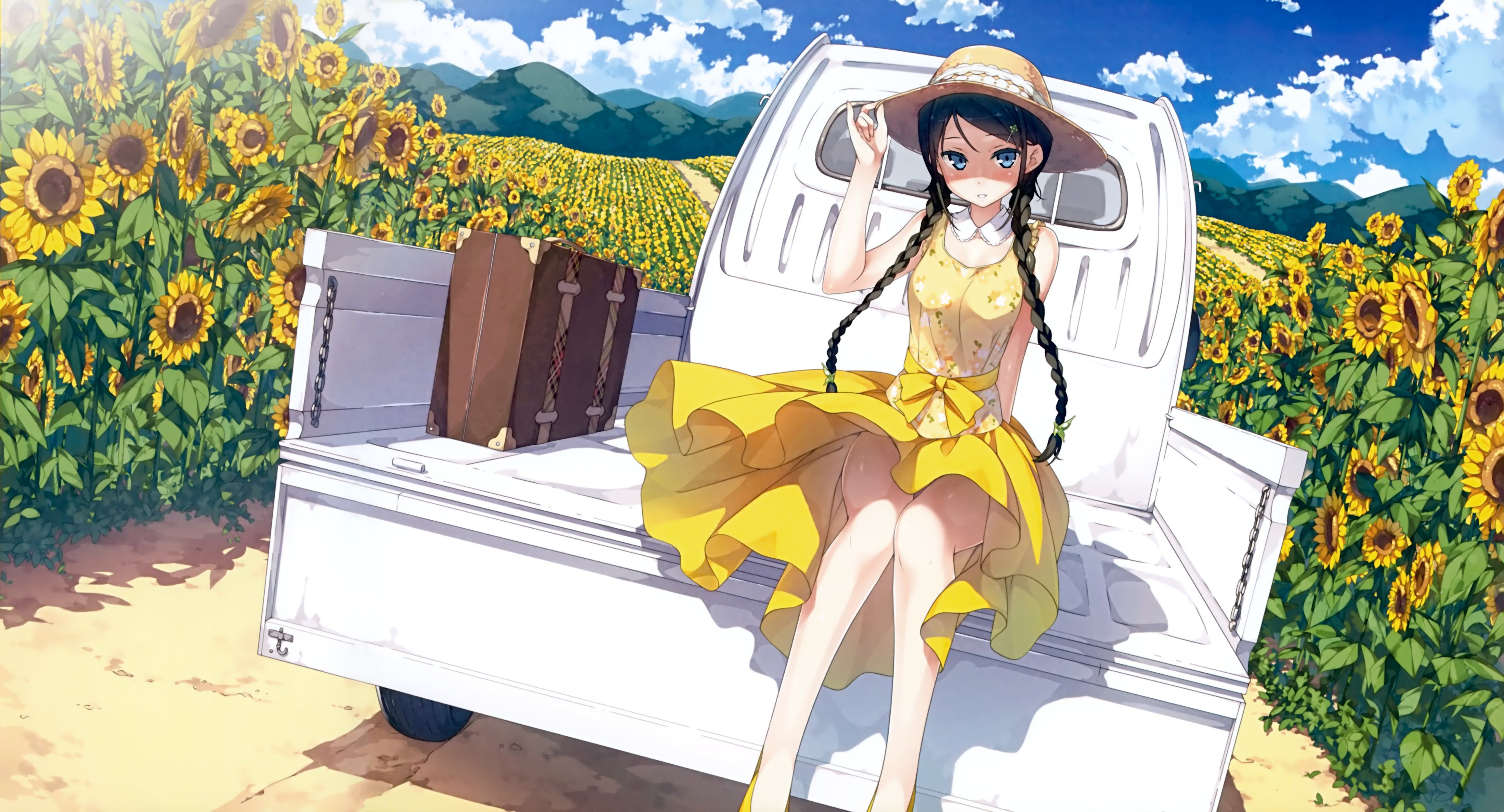 original, Anime, Girl, Sunflower, Sunshine, Sunlight, Yellow, Dress, Car, Summer, Long, Hair Wallpaper HD / Desktop and Mobile Background