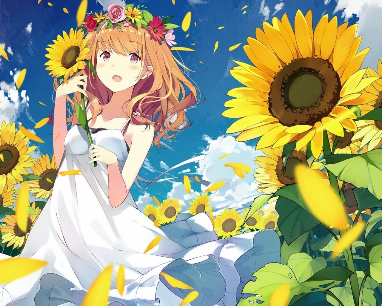 Download 1280x1024 Anime Girl, Summer Dress, Sunflowers, White Dress, Wind, Petals Wallpaper