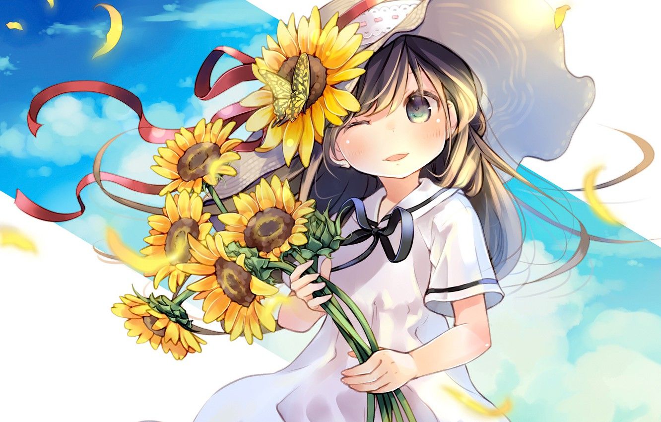 Wallpaper sunflowers, flowers, anime, girl image for desktop, section арт