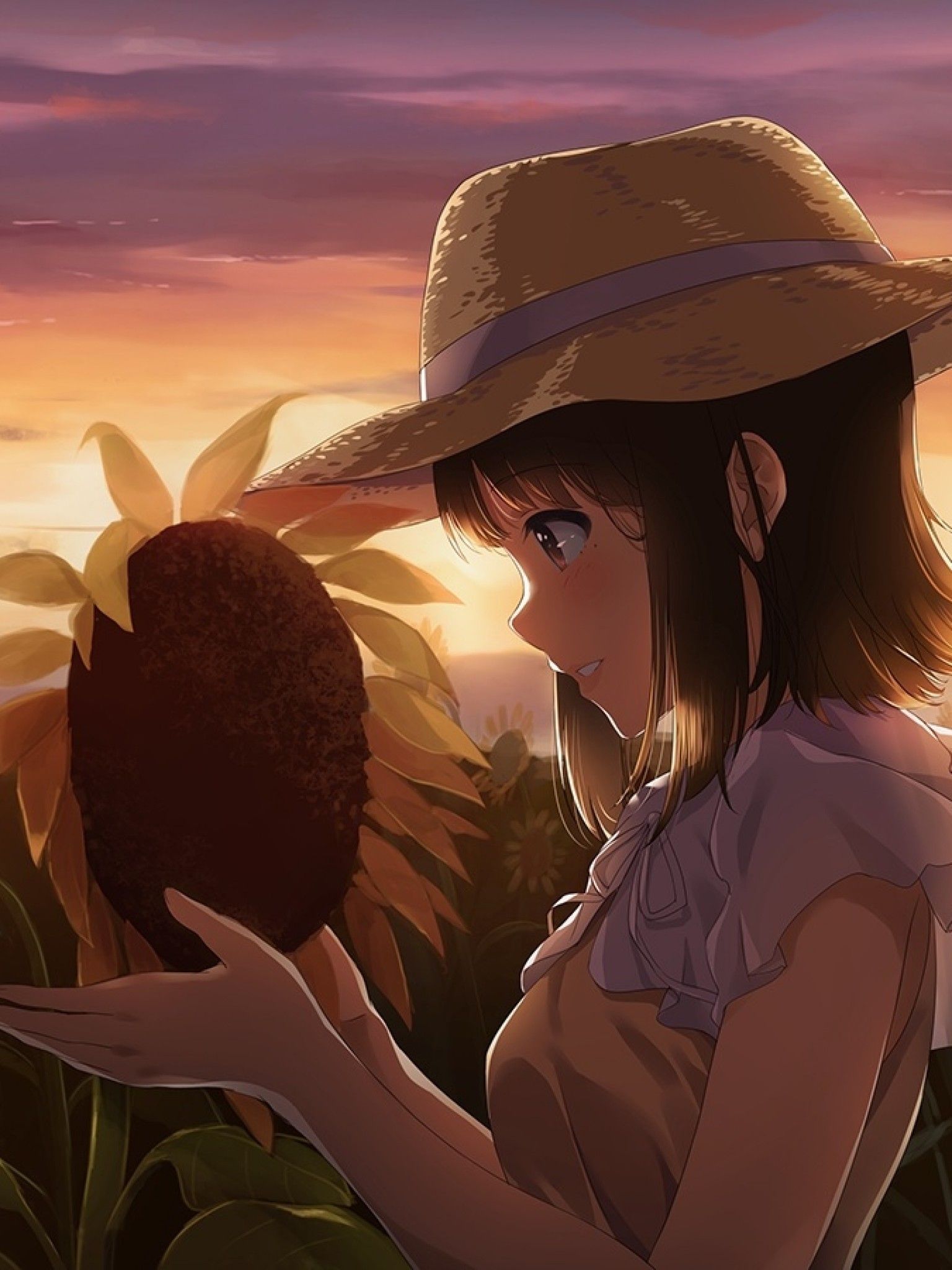 Download 1536x2048 Sunflower, Anime Girl, Sunset, Profile View, Straw Hat Wallpaper for Apple iPad Mini, Apple IPad 4