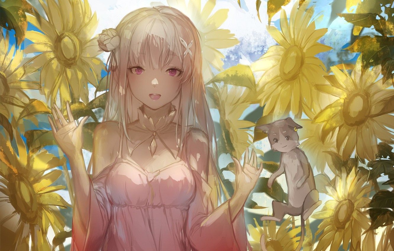 Wallpaper girl, sunflowers, flowers, art, Pak, Emilia, Re: Zero kara hajime chip isek or Seikatsu, emilia image for desktop, section сёнэн