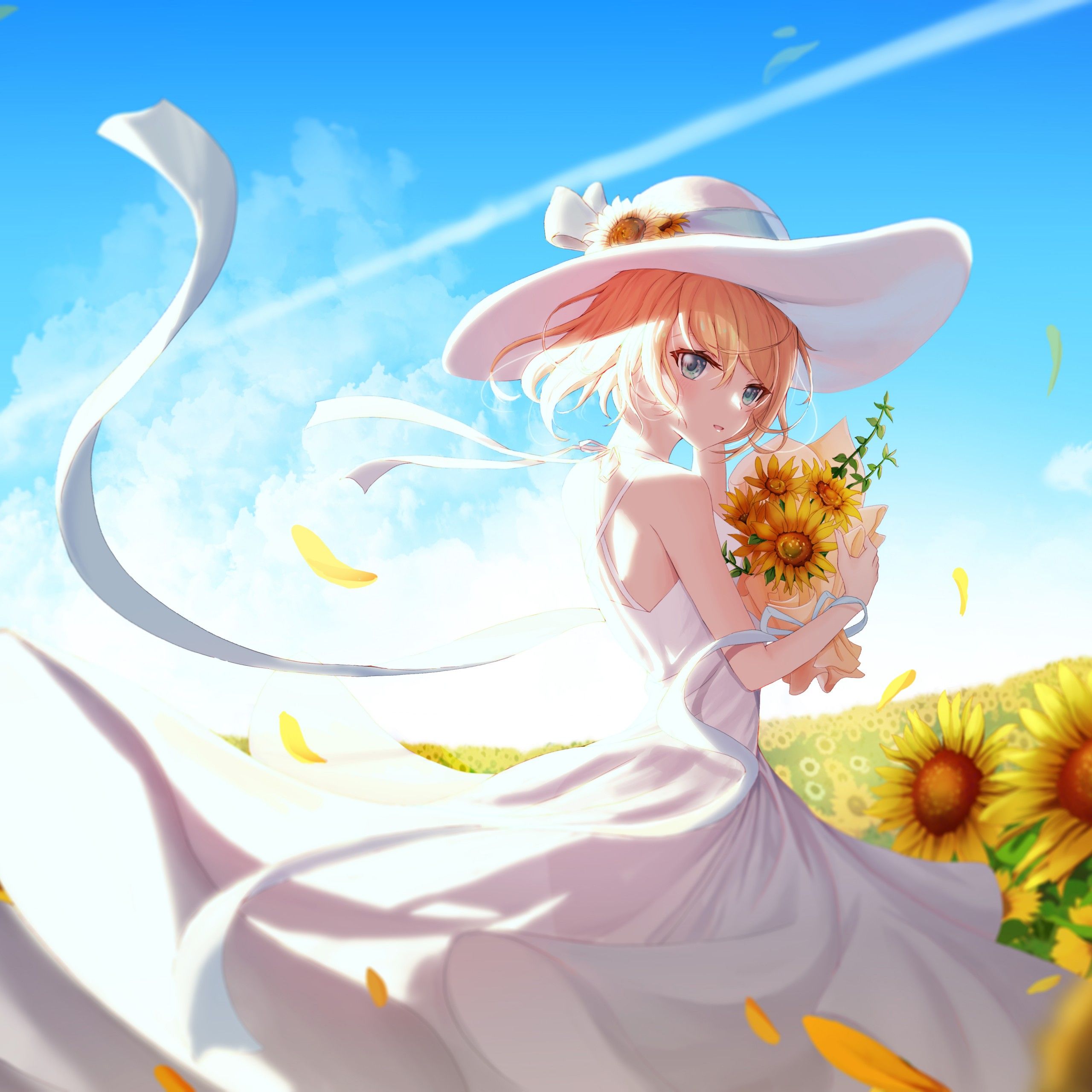 Anime girl 4K Wallpaper, Sunflowers, Sunny day, 5K, Fantasy