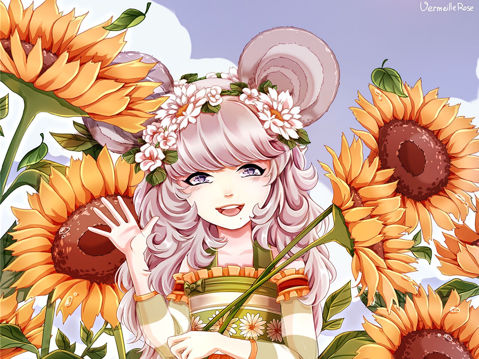 Download wallpaper 1600x1200 girl, anime, sunflowers, art standard 4:3 HD background