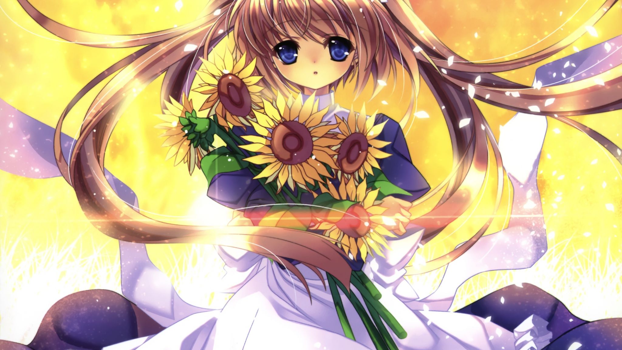 Desktop Wallpaper Sunflowers, Anime Girl, Blonde, White Dress, Original, HD Image, Picture, Background, Wlkpu