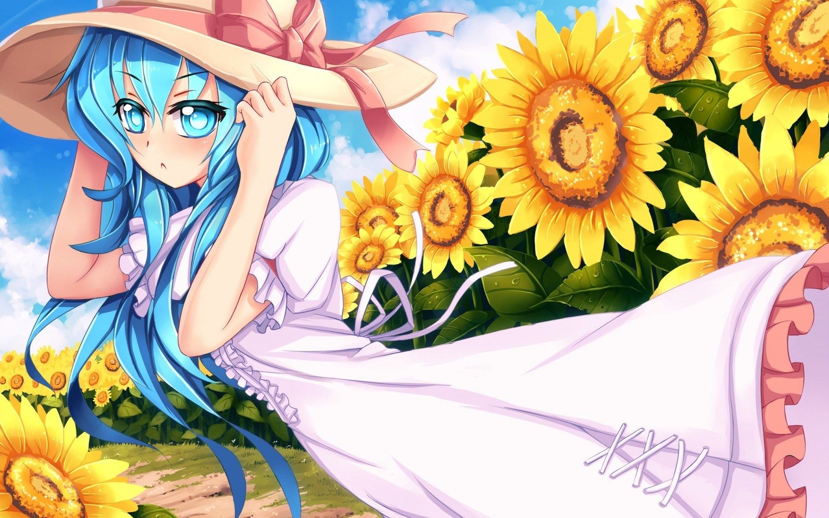 Art Girl Look Hat Wind Field Sunflowers Anime wallpaperx1050