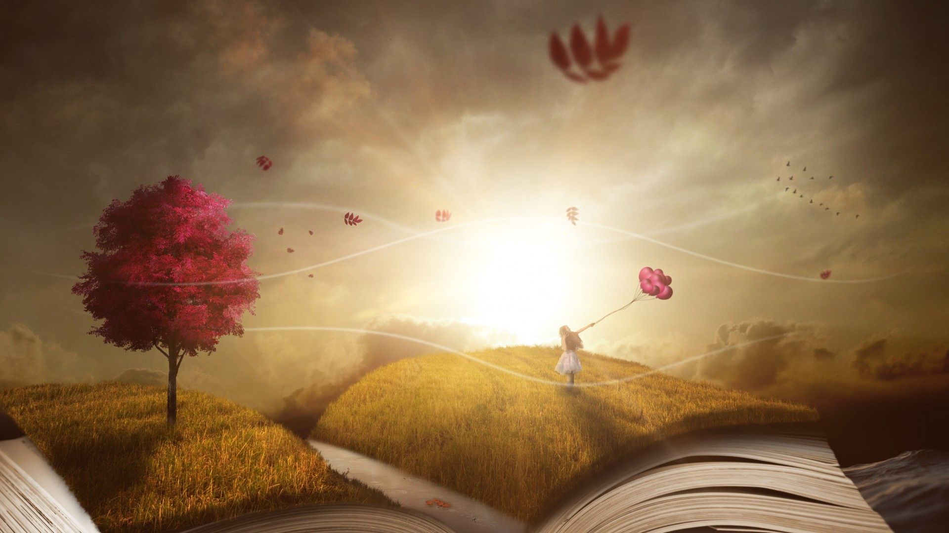 Book 4K Wallpaper, Purple Tree, Autumn, Girl, Dream World, Sunlight, 5K, Fantasy