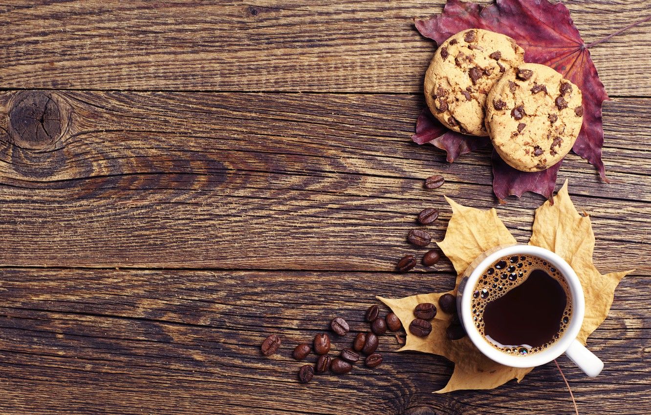 Wallpaper autumn, leaves, coffee, cookies, Cup, wood, autumn, leaves, book, cookies, fall, cup of coffee image for desktop, section еда