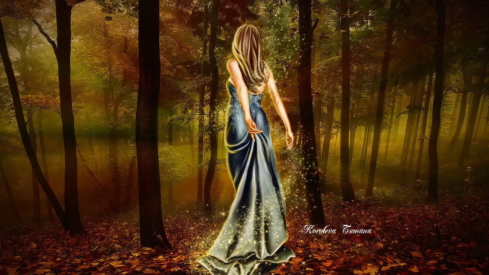 Art girl dress back hair lights magic forest trees leaves autumn wallpaperx1080
