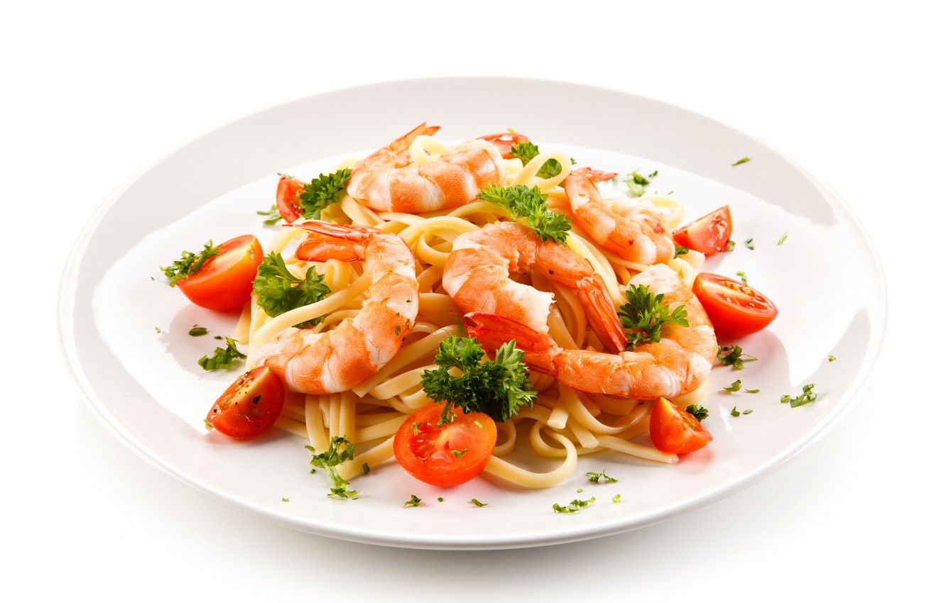 Wallpaper Plate, Tomatoes, Food, Pasta, Shrimp, Main Dishes image for desktop, section еда