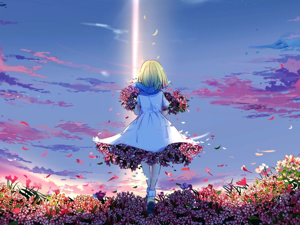 Desktop wallpaper anime girl, spring, meadow, flowers, girly, HD image, picture, background, 0f4fca