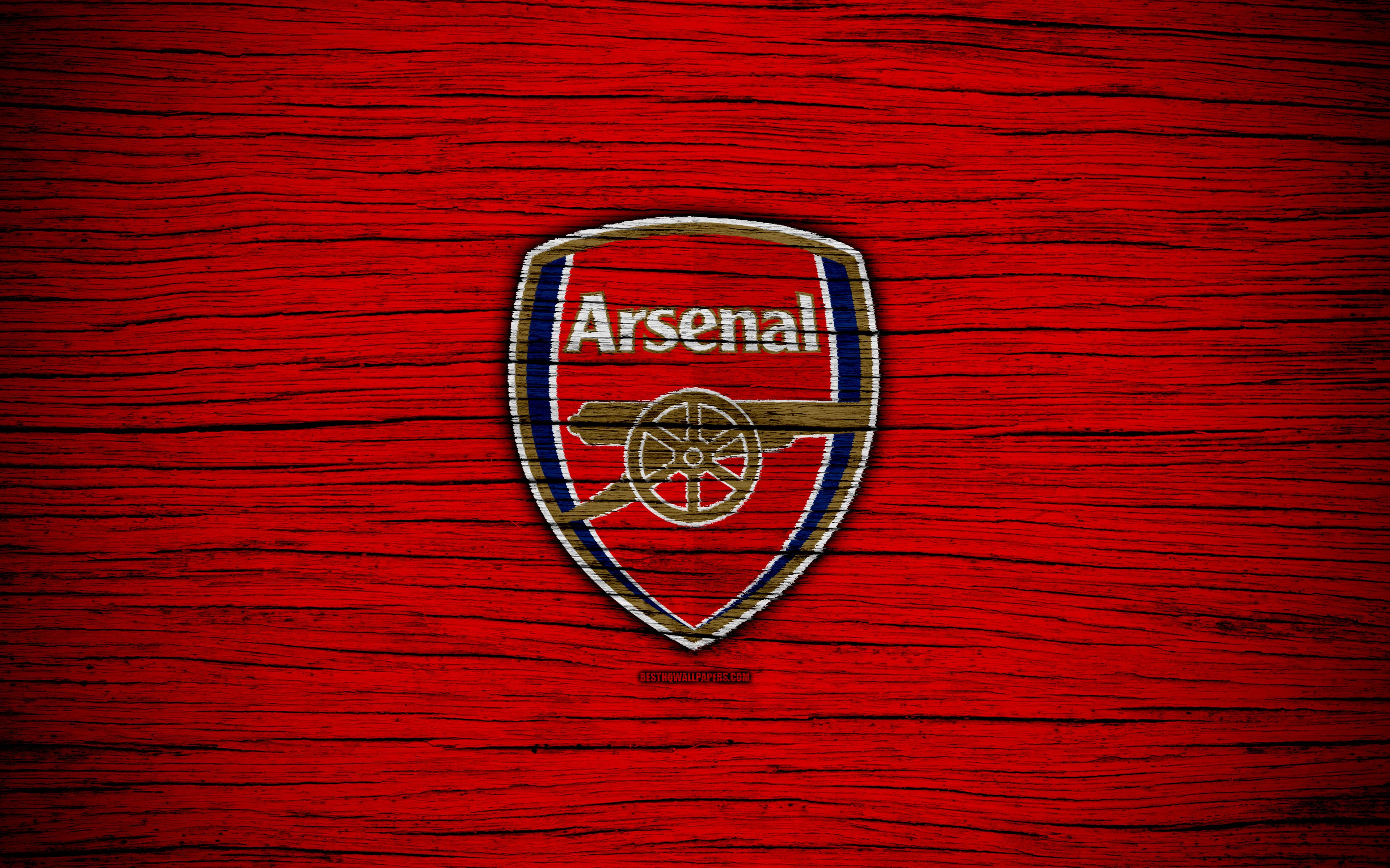 Download wallpaper Arsenal, 4k, Premier League, logo, England, wooden texture, The Gunners, FC Arsenal, soccer, football, Arsenal FC for desktop with resolution 3840x2400. High Quality HD picture wallpaper