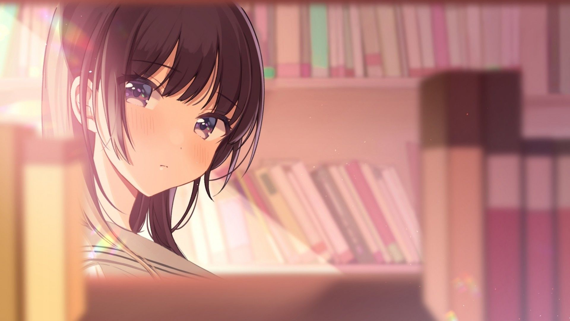 Download 1920x1080 Anime Girl, Library, Brown Hair, Books Wallpaper for Widescreen