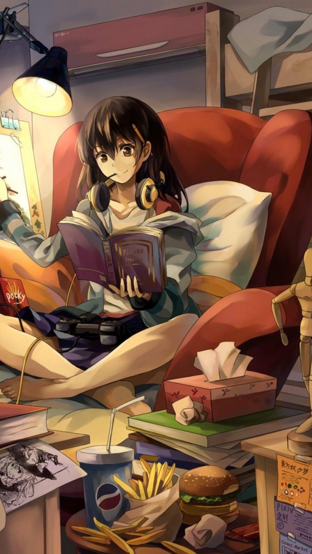 Anime girlg reading book on the couch HD Wallpaper iPhone 6 / 6S Plus