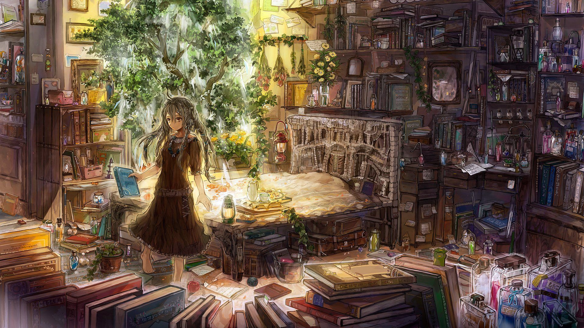 Anime Original Long Hair Bottle Herbs Book Tree Original (Anime) Room Woman Anime Wallpaper. Wallpaper background, Background image, Girl wallpaper