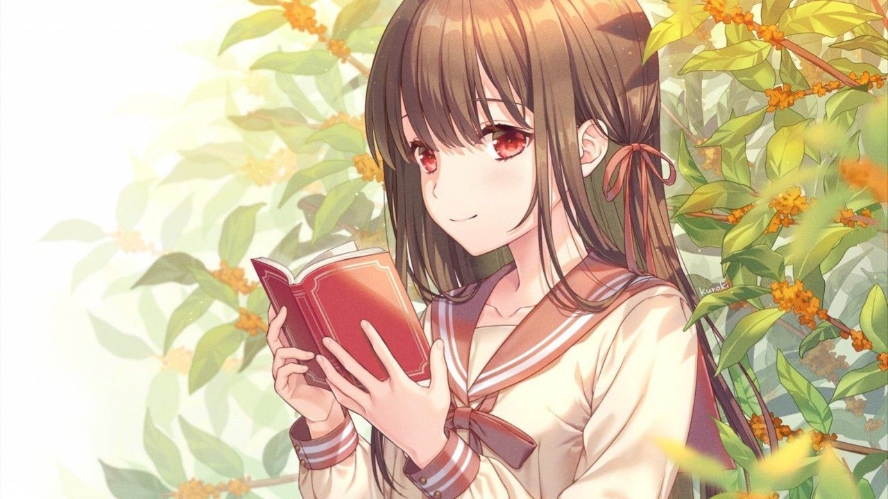 Download 1280x720 Anime School Girl, Reading A Book, Brown Hair Wallpaper