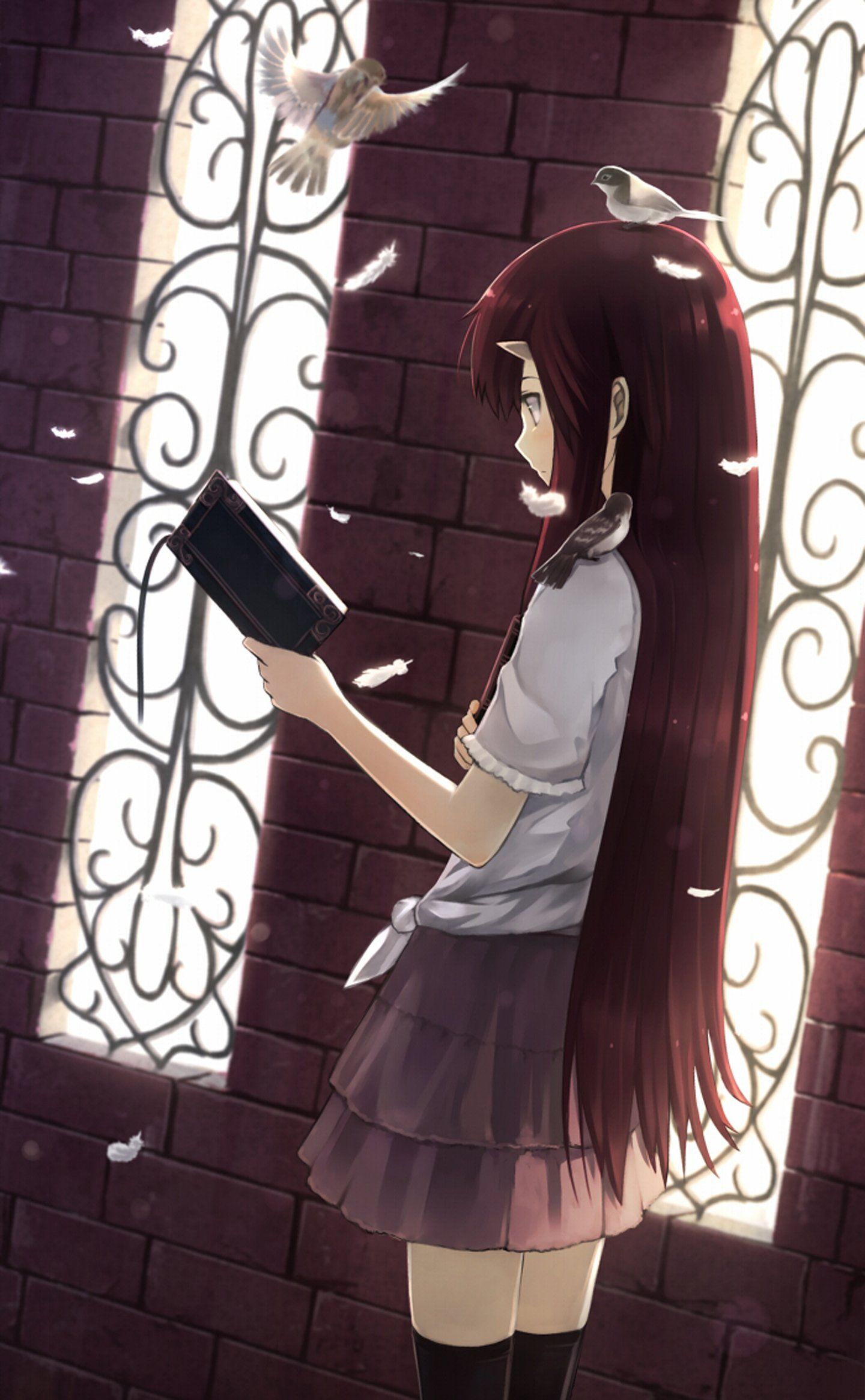 Anime girl pretty beautiful long hair school uniform petals book wallpaperx2329