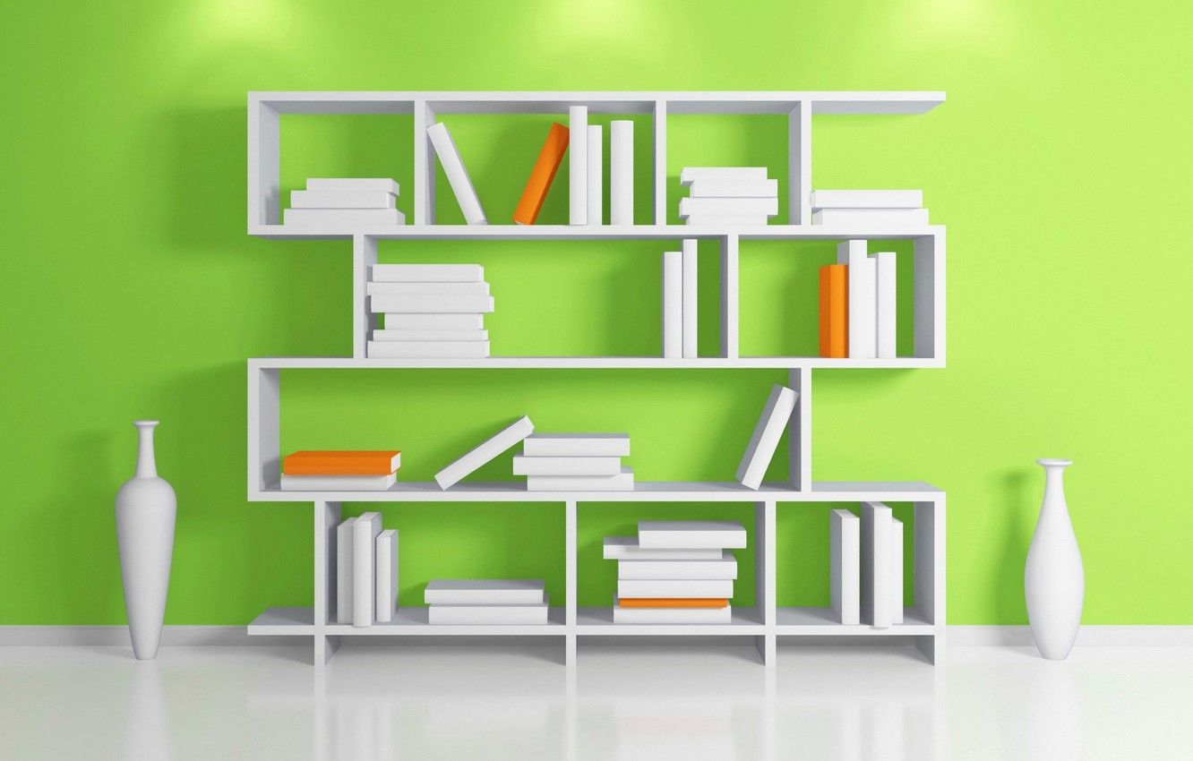 Wallpaper wall, books, floor, shelf, vase, rack image for desktop, section интерьер