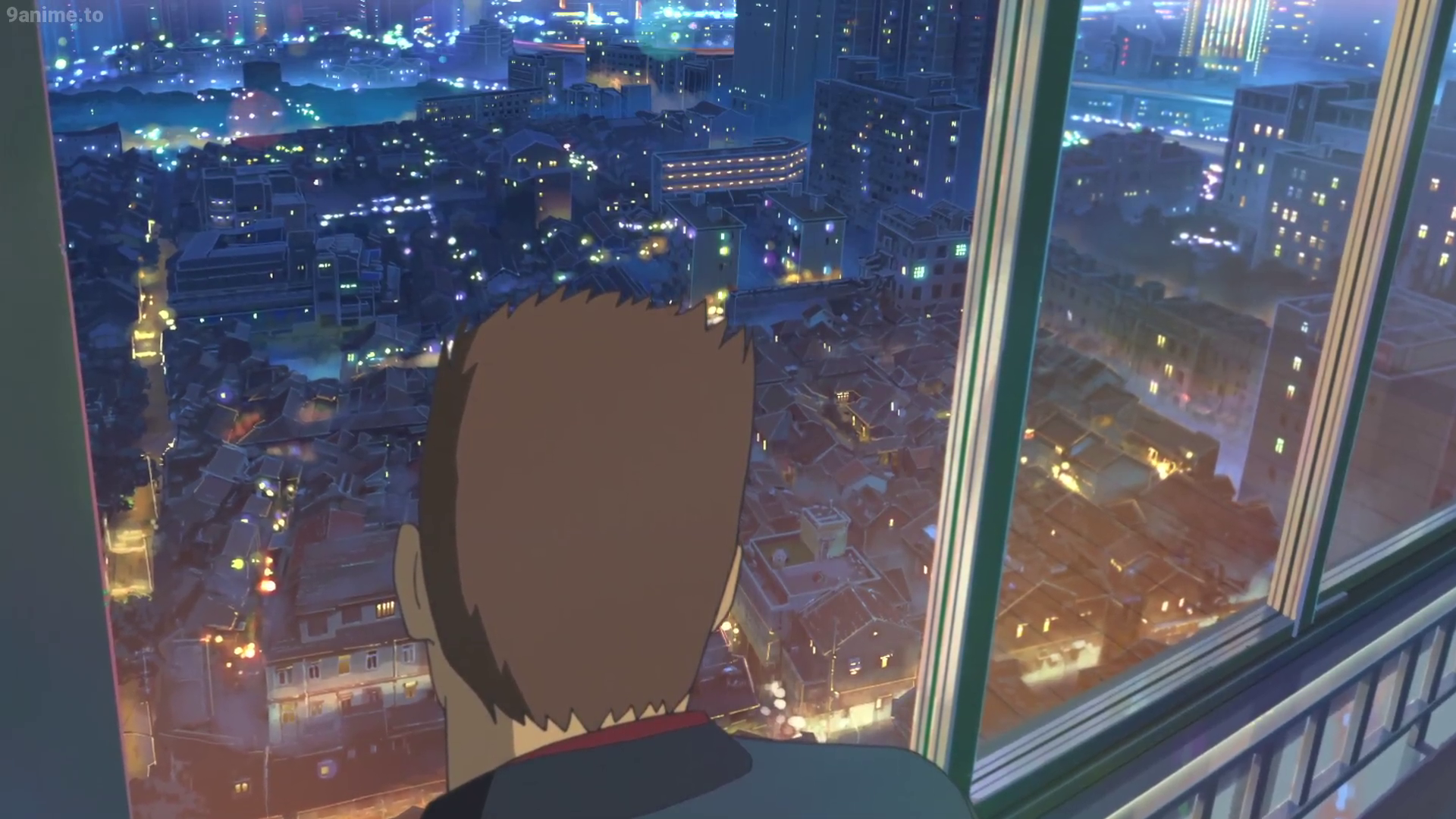 A man admires the Shanghai skyline from his window at night. A scene from the anime feature film 'Flavors of Youth'