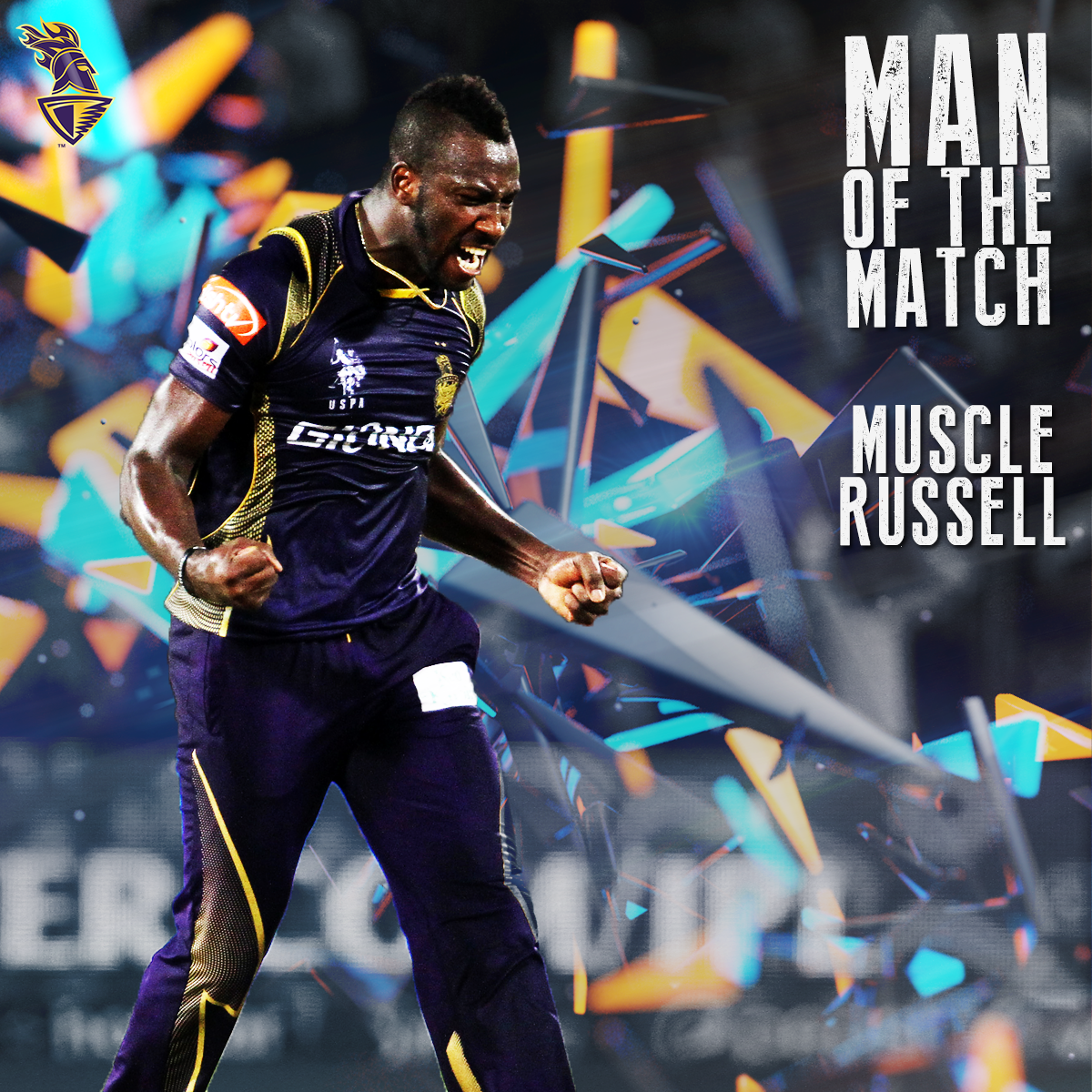 Congratulations Andre Russell for being the Man of the Match! Well done #Knight! #KKRvsKXIP #Go4More. Man of the match, Kolkata knight riders, Match