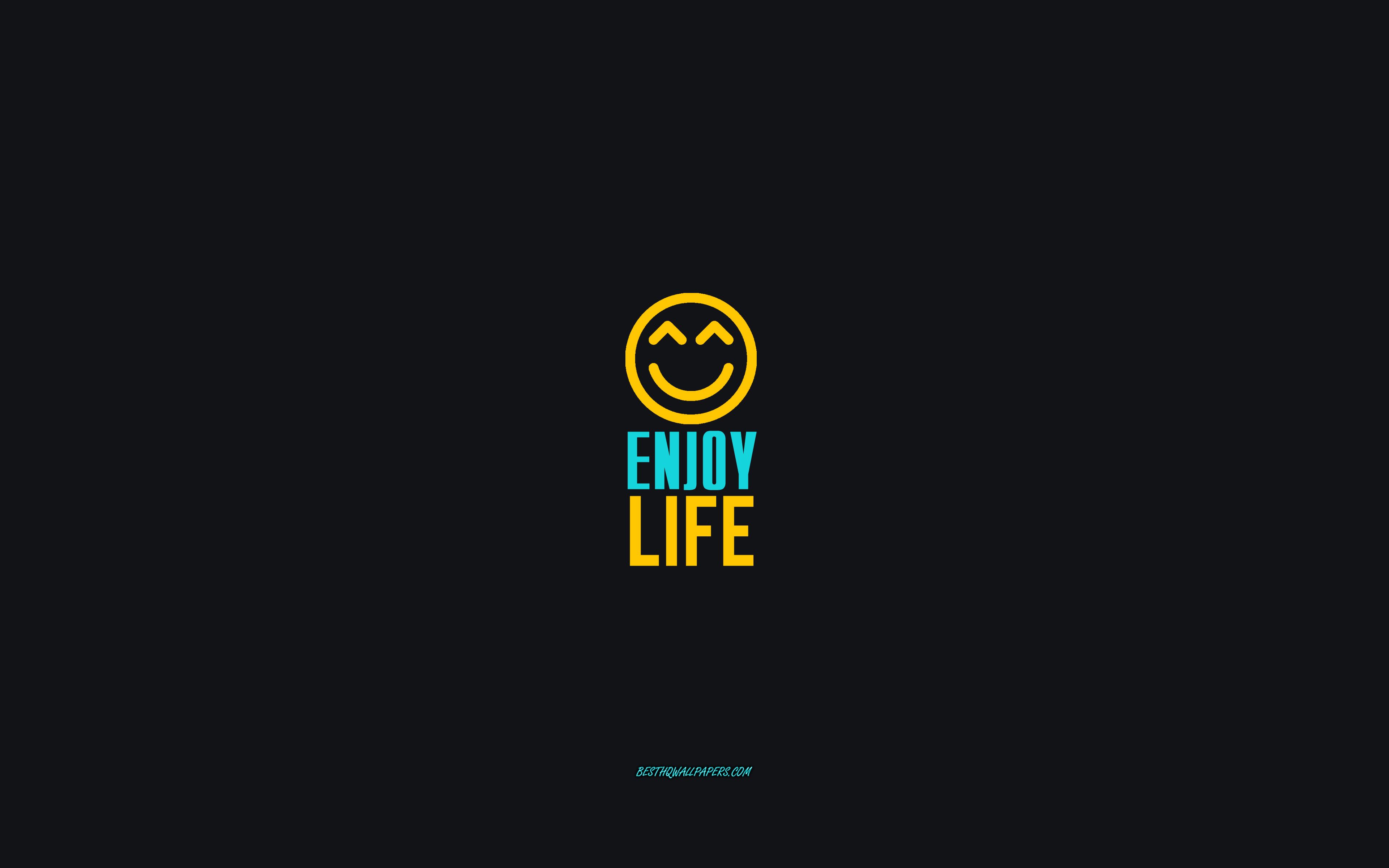 Download wallpaper Enjoy life, gray background, smiley icon, motivation, inspiration, Enjoy life concepts for desktop with resolution 3840x2400. High Quality HD picture wallpaper