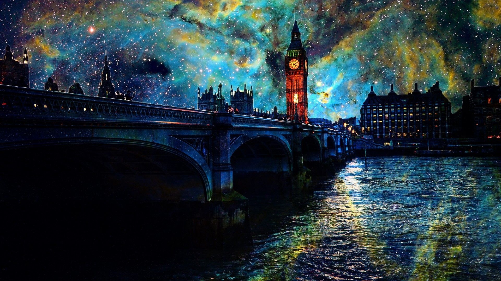 Big Ben, night, bridge, sky, river, stars, London, thames wallpaper
