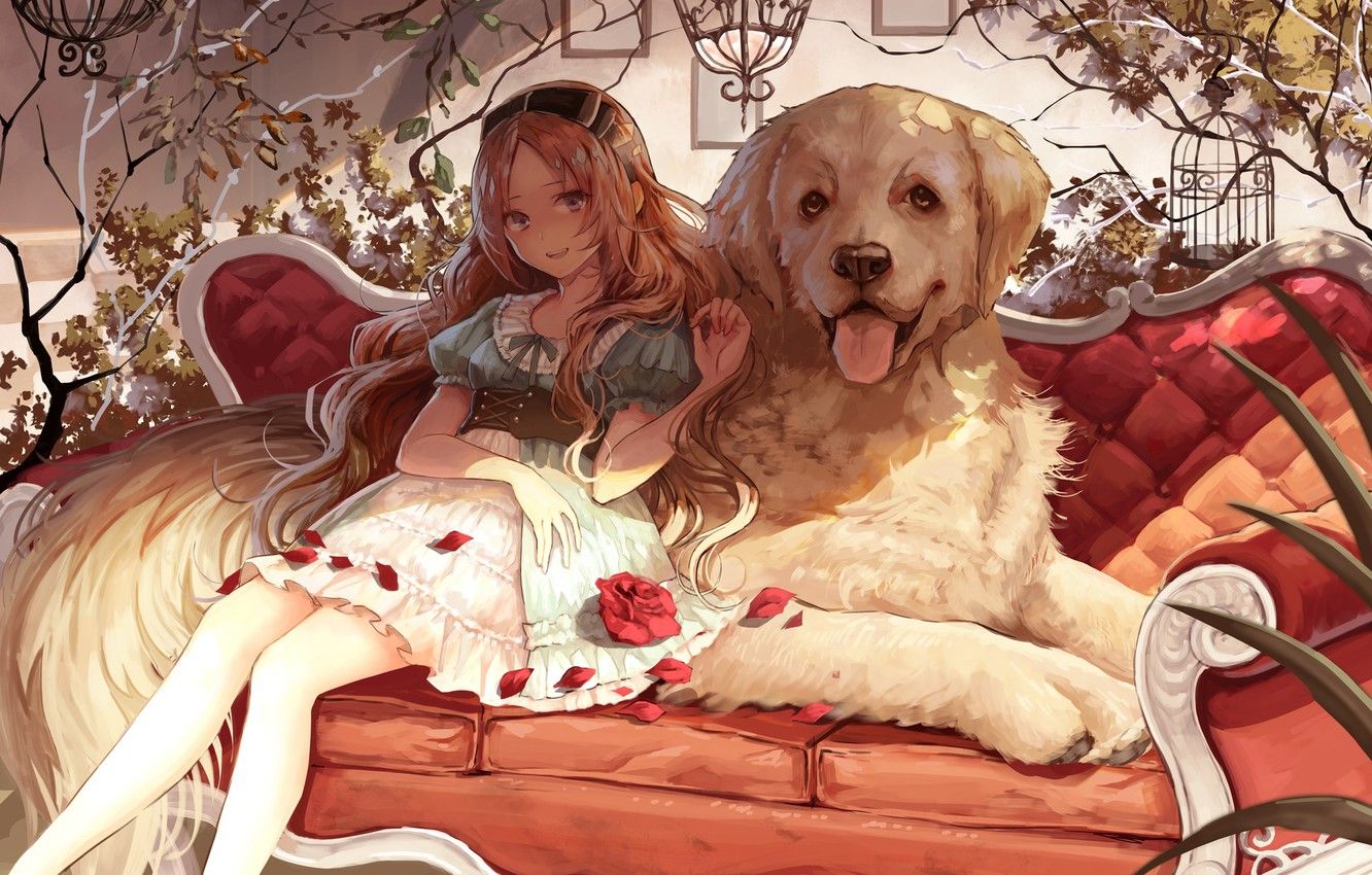 Wallpaper dog, anime, girl image for desktop, section арт